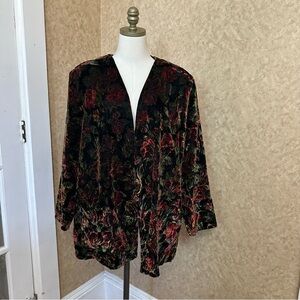 VTG 90s Floral Velvet Velour Open Front Blazer Suit Jacket